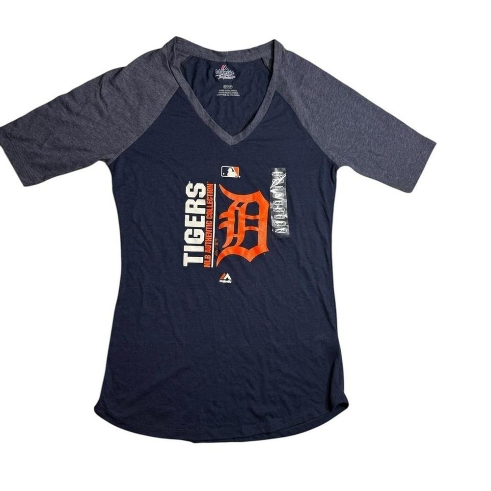 Majestic MLB Detroit Tigers Womens 3/4 Sleeve Baseball Shirt Navy Blue Small